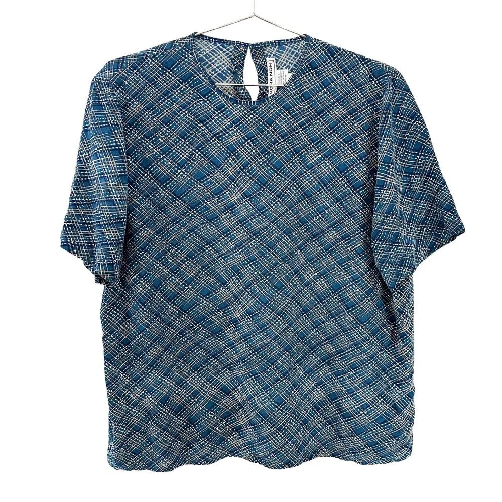 NORA NOH 100% Silk Crew Neck Tee Blouse • Large • blue white tan boho indie chic